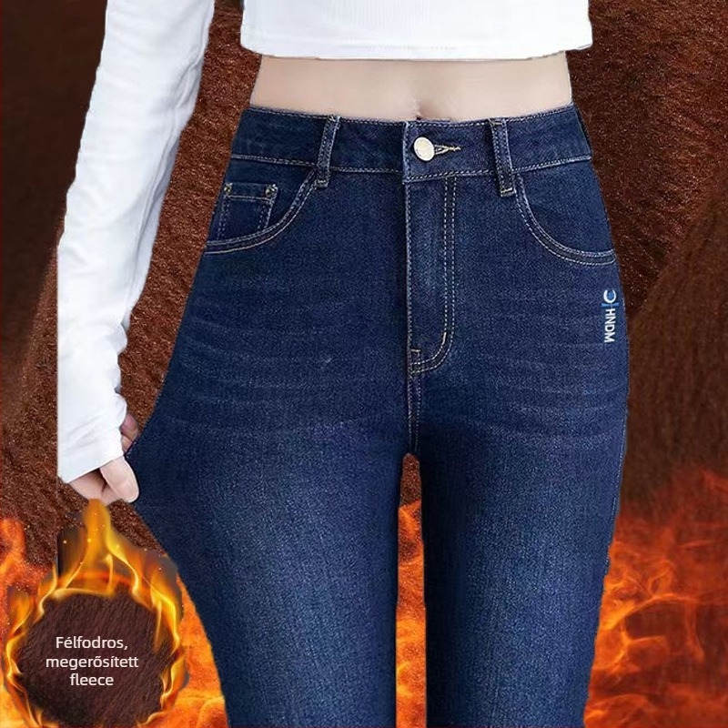 Női denim farmernadrág fleece-sel bélelt, magas derék, egyenes szárú, hosszú