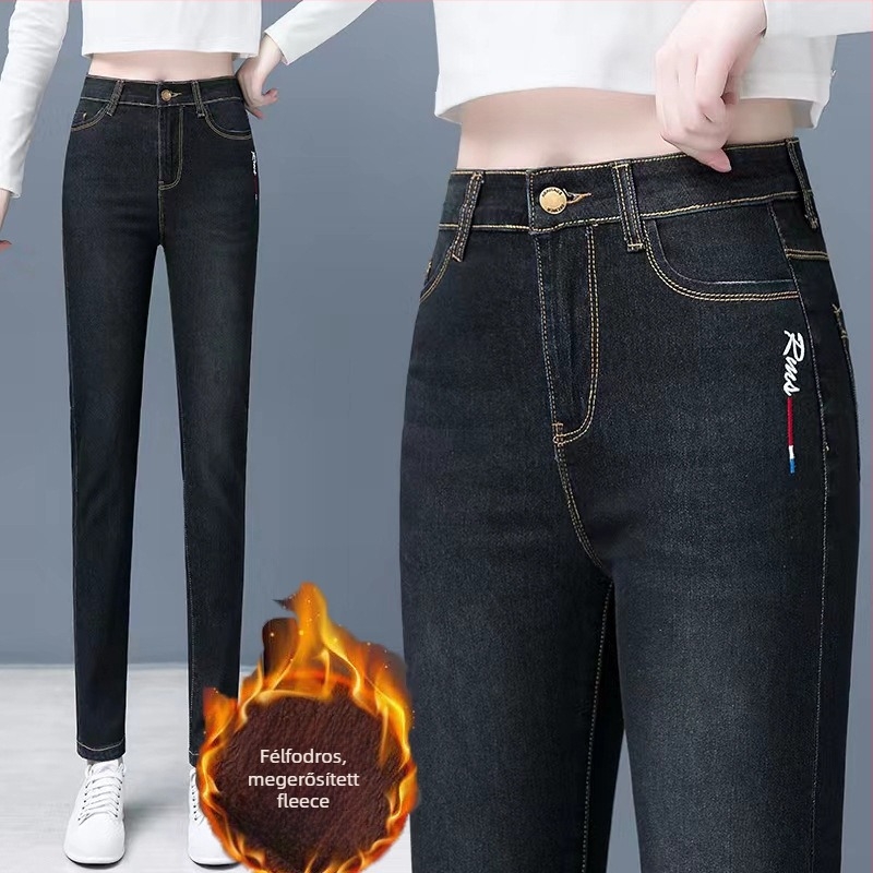 Női denim farmernadrág fleece-sel bélelt, magas derék, egyenes szárú, hosszú