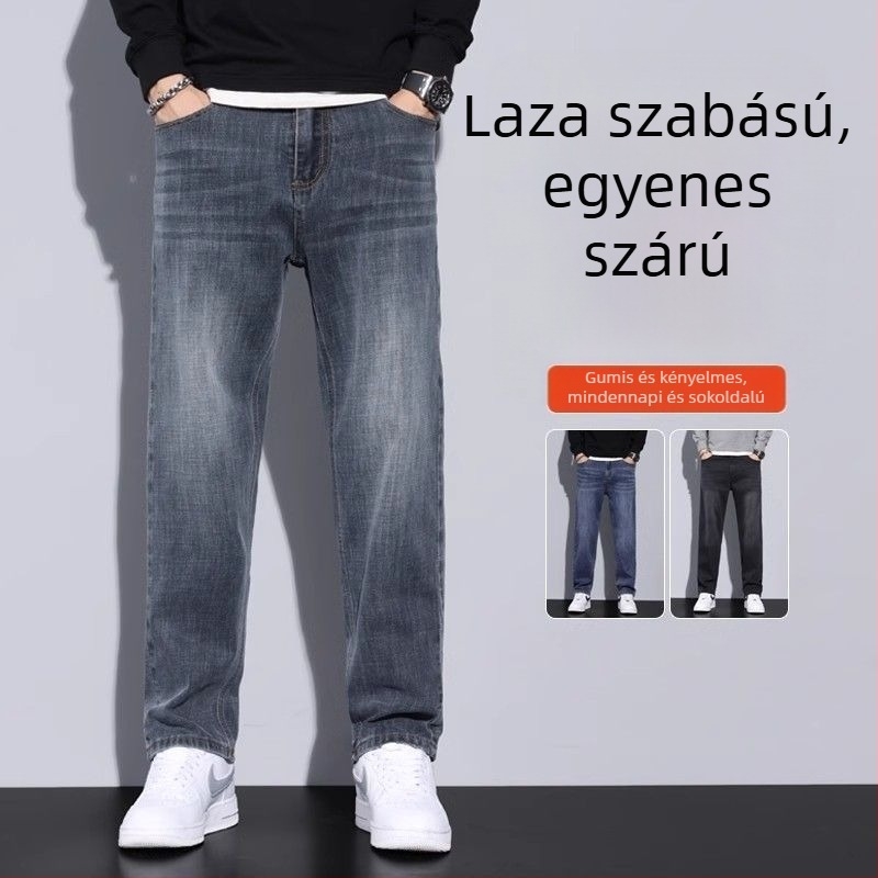 Férfi denim nadrág — egyenes szabás, fleece-beléssel, középmagas derék, gombos zárás, 60%+ pamut