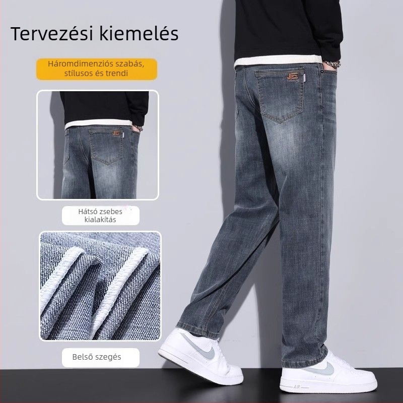 Férfi denim nadrág — egyenes szabás, fleece-beléssel, középmagas derék, gombos zárás, 60%+ pamut