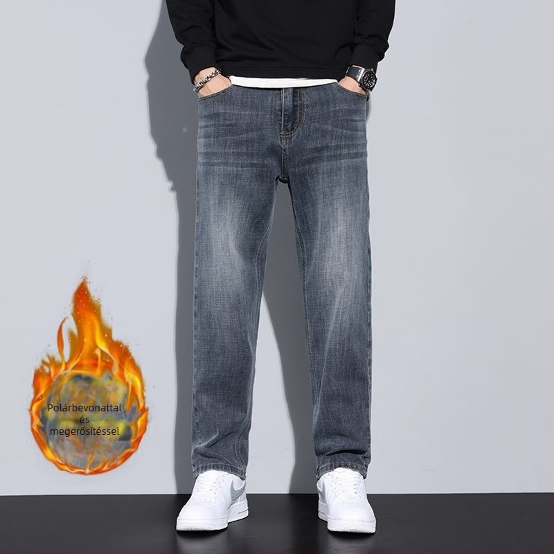 Férfi denim nadrág — egyenes szabás, fleece-beléssel, középmagas derék, gombos zárás, 60%+ pamut