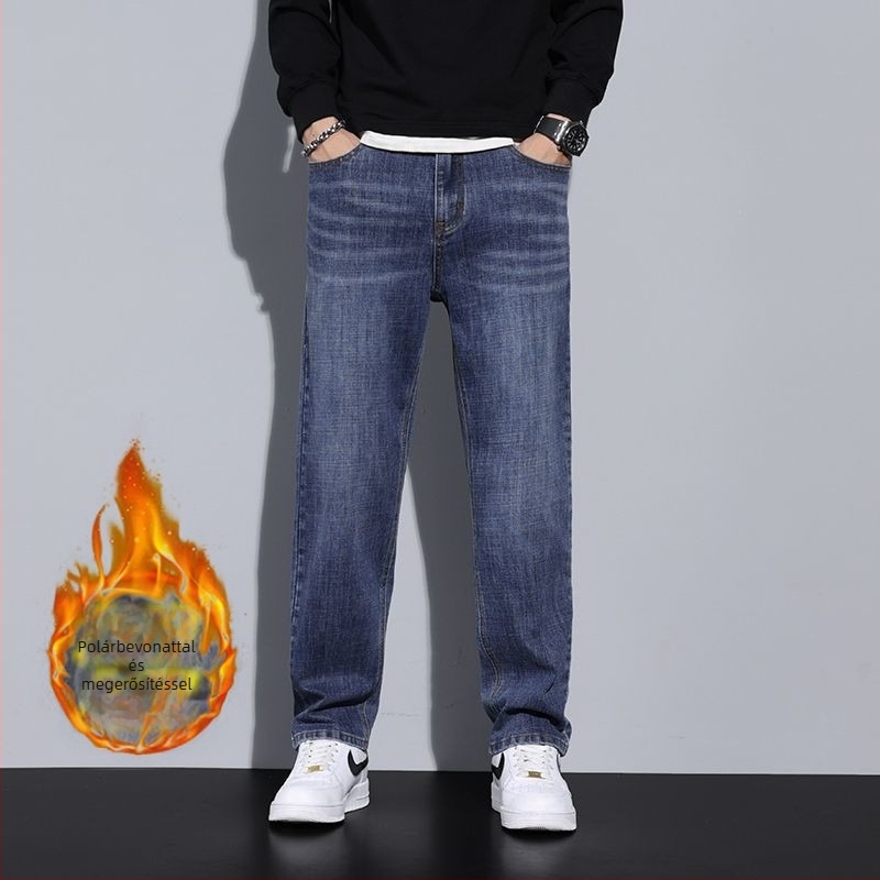 Férfi denim nadrág — egyenes szabás, fleece-beléssel, középmagas derék, gombos zárás, 60%+ pamut