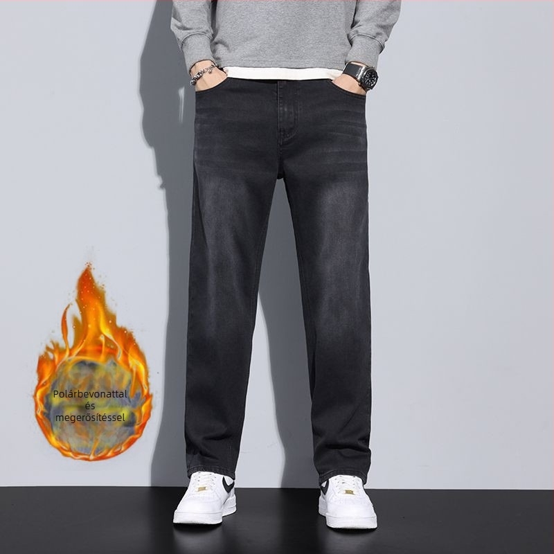 Férfi denim nadrág — egyenes szabás, fleece-beléssel, középmagas derék, gombos zárás, 60%+ pamut