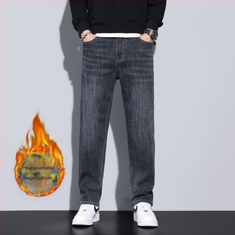 Férfi denim nadrág — egyenes szabás, fleece-beléssel, középmagas derék, gombos zárás, 60%+ pamut