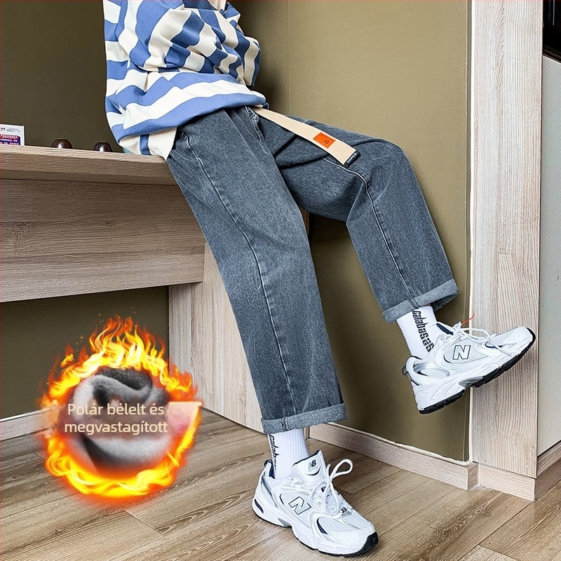 Férfi denim farmernadrág, egyenes szárú, középmagas derekú, 80% pamut, cipzáras, mosott, hosszú nadrág