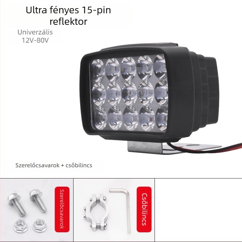 LED spotlámpa elektromos robogóhoz és motorkerékpárhoz, 12-84V, 15 LED, 15W, műanyag ház