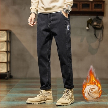 Férfi denim nadrág – Koreai stílusú cargo, lazán szabott, rövidre vágott hossz, fleece bélés