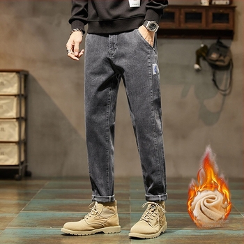 Férfi denim nadrág – Koreai stílusú cargo, lazán szabott, rövidre vágott hossz, fleece bélés