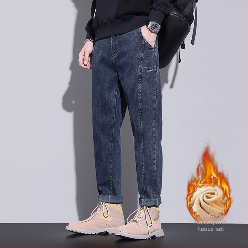 Férfi denim nadrág – Koreai stílusú cargo, lazán szabott, rövidre vágott hossz, fleece bélés