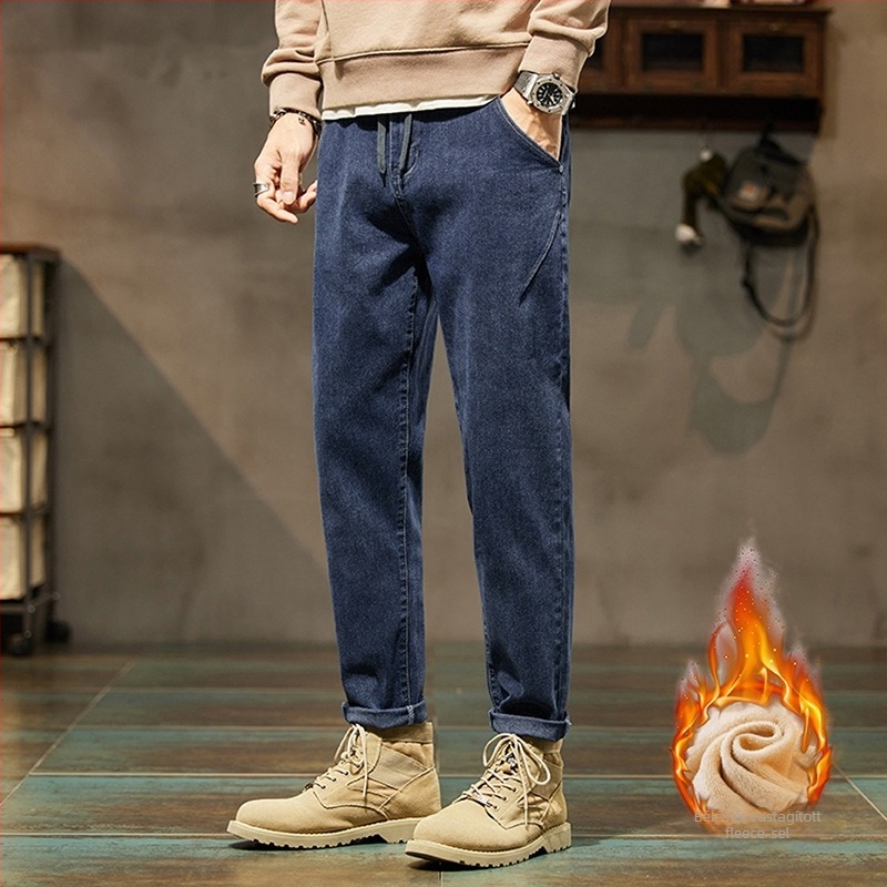 Férfi denim nadrág – Koreai stílusú cargo, lazán szabott, rövidre vágott hossz, fleece bélés