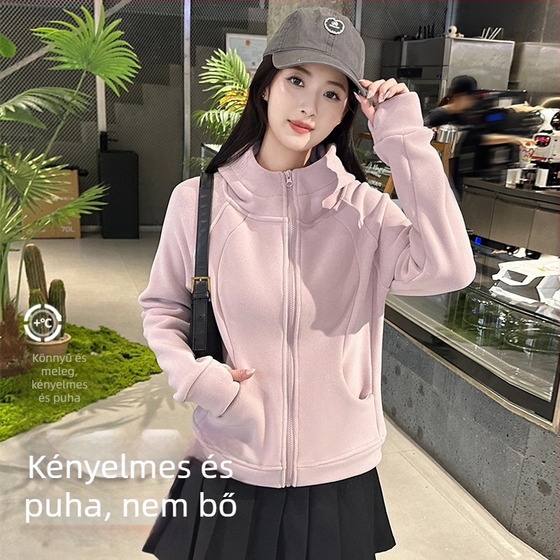 Női dupla oldalas fleece kapucnis pulóver dzseki, karcsú szabás, normál hossz, elöl cipzár, poliészter + spandex
