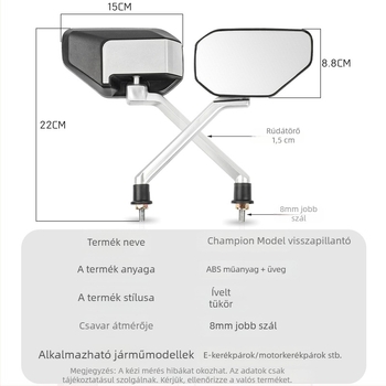 Hátsó tükröző tükör elektromos motorkerékpárokhoz, ABS műanyag + üveg, Mogelon