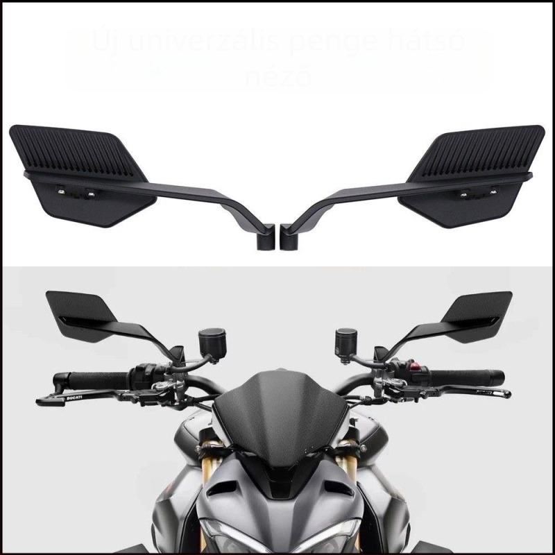 Blade-stílusú motorkerékpár visszapillantó tükör, alumínium ötvözet + műanyag, négyzet alakú, modell 322366898, szerelés: ortodontikus, kompatibilis Ducati, Kawasaki, Chunfeng, Qianjiang, Honda és Yamaha utcai motorkerékpárokkal