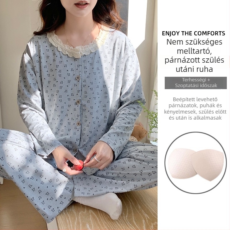 Szoptatós kismama pizsama szett, hosszú ujjú, kerek nyakú, kényelmes mindennapi stílusban, 95% poliészter + 5% spandex