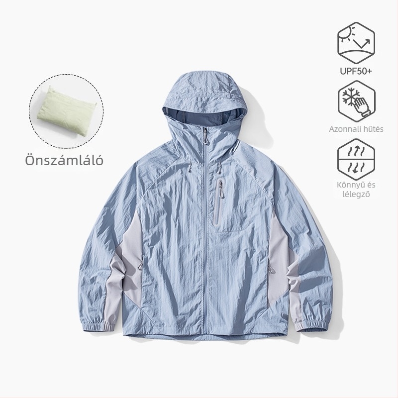 Kültéri szélvédő kabát kapucnival, lélegző, gyorsan száradó, UV-védelem UPF100+, nylon anyag