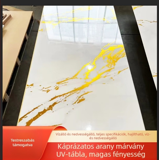 UV falpanel magasfényű aranyozott felülettel, 3D nyomtatott textúrával és márványmintás imitációval; anyag PVC, modell: UV panel, forma: minta