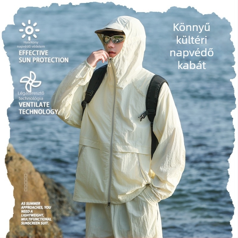 Uniszex kültéri dzseki UPF50+ UV-védelemmel, légáteresztő, gyorsan száradó, kapucnival, reflexcsíkkal