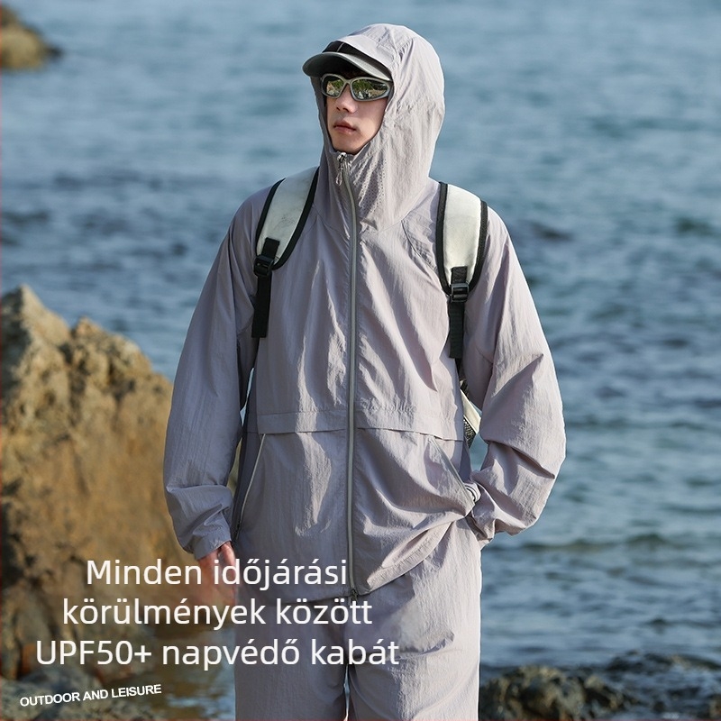 Uniszex kültéri dzseki UPF50+ UV-védelemmel, légáteresztő, gyorsan száradó, kapucnival, reflexcsíkkal