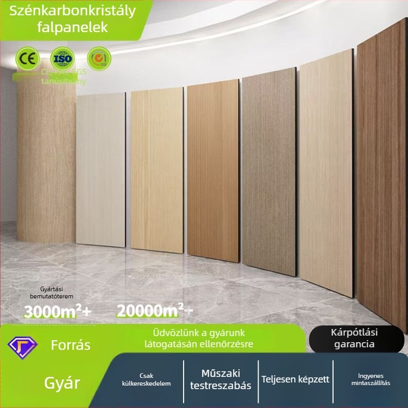 PVC falpaneel Carbon Crystal Large Board – varrat nélküli design; stílusok: amerikai stílus, új kínai stílus, modern minimalizmus, könnyű luxus; zajszigetelés 20 dB; hővezető tényező 0.125 W/m·K; Márka: Suke Building Materials