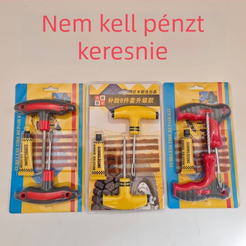 Gumi javító készlet autókhoz, motorkerékpárokhoz és elektromos járművekhez; anyag: vas, PP+PVC; termékkód: YW-163; csomagolás: kartononként 100 darab