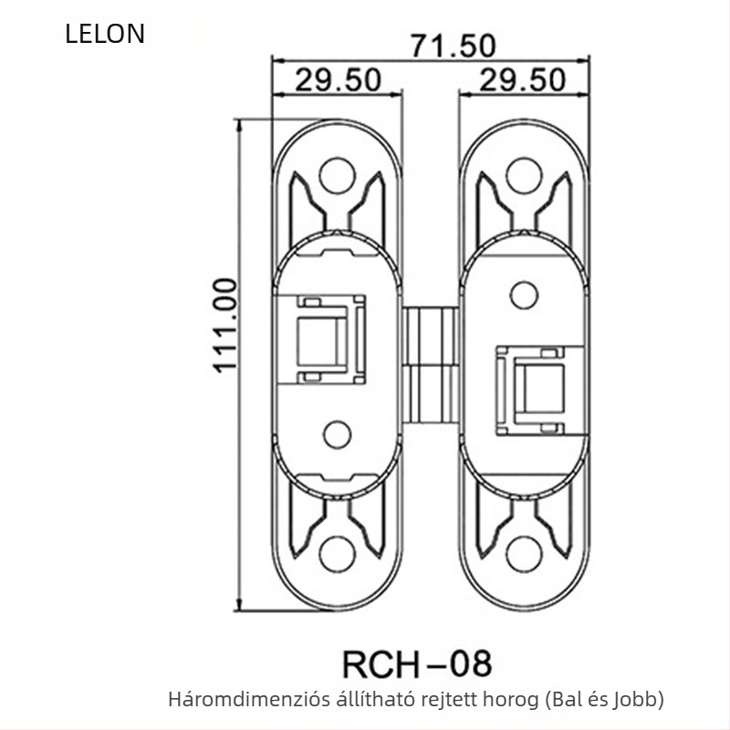 Cinkötvözetből készült háromdimenziós állítható láthatatlan pánt – 180°, bal–jobb felosztás, rejtett ajtó, modell RCH-08, típus H, 60 kg páronként