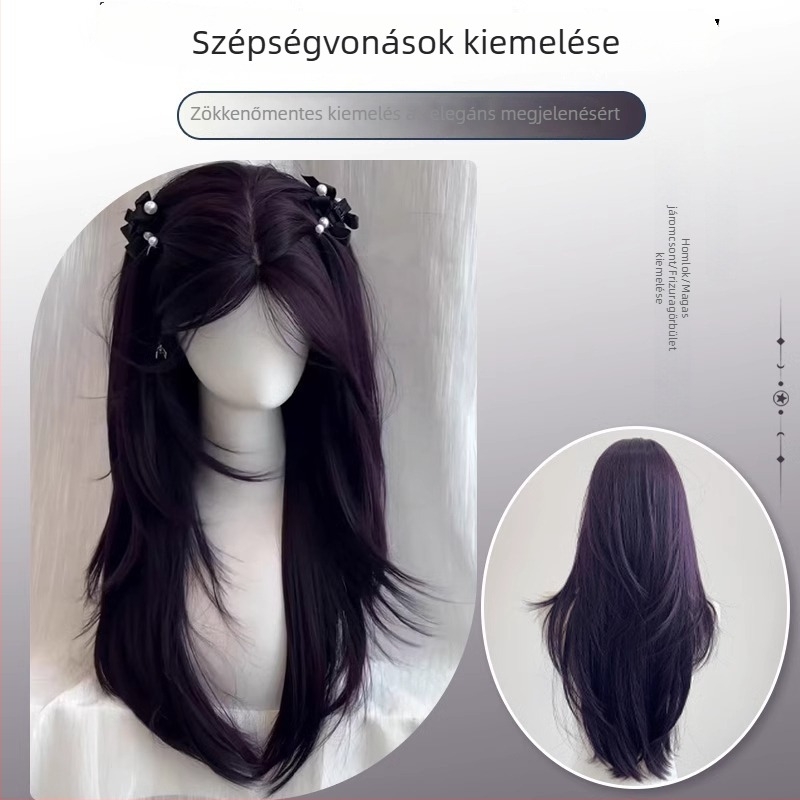 Hosszú egyenes paróka ferde frufruval, természetes stílus, hőálló szálból, nőknek