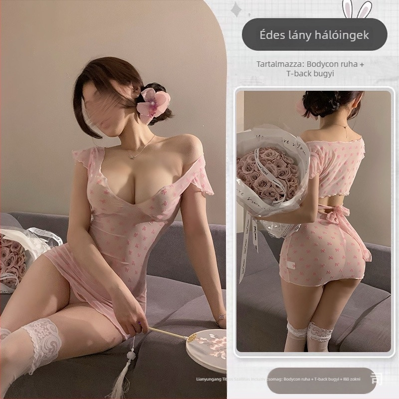 Szexi fehérnemű szett átlátszó hálós ruhával, bodycon stílus, 90–95% poliészter