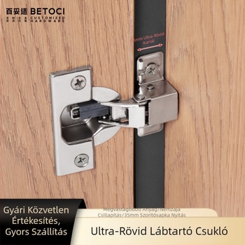 Szekrényajtó pánt ultra-rövid karú, kétfázisú erő- és csillapító mechanizmussal, keskeny oldalsó panelhez, vasból nikkelezett felülettel