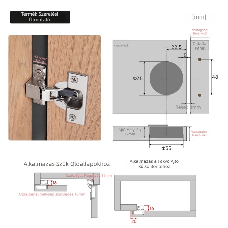 Szekrényajtó pánt ultra-rövid karú, kétfázisú erő- és csillapító mechanizmussal, keskeny oldalsó panelhez, vasból nikkelezett felülettel