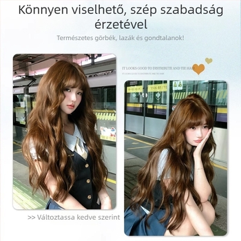 Teljes fejre szóló paróka hosszú göndör hajjal, egyenes frufru, magas hőmérsékletű selyem anyag, természetes megjelenés