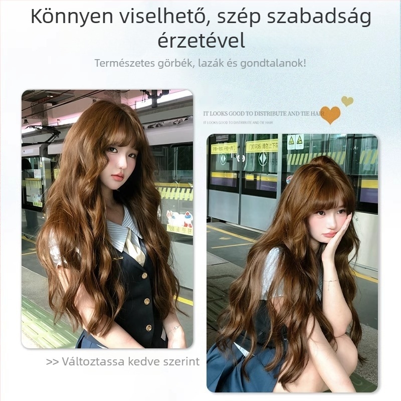 Teljes fejre szóló paróka hosszú göndör hajjal, egyenes frufru, magas hőmérsékletű selyem anyag, természetes megjelenés