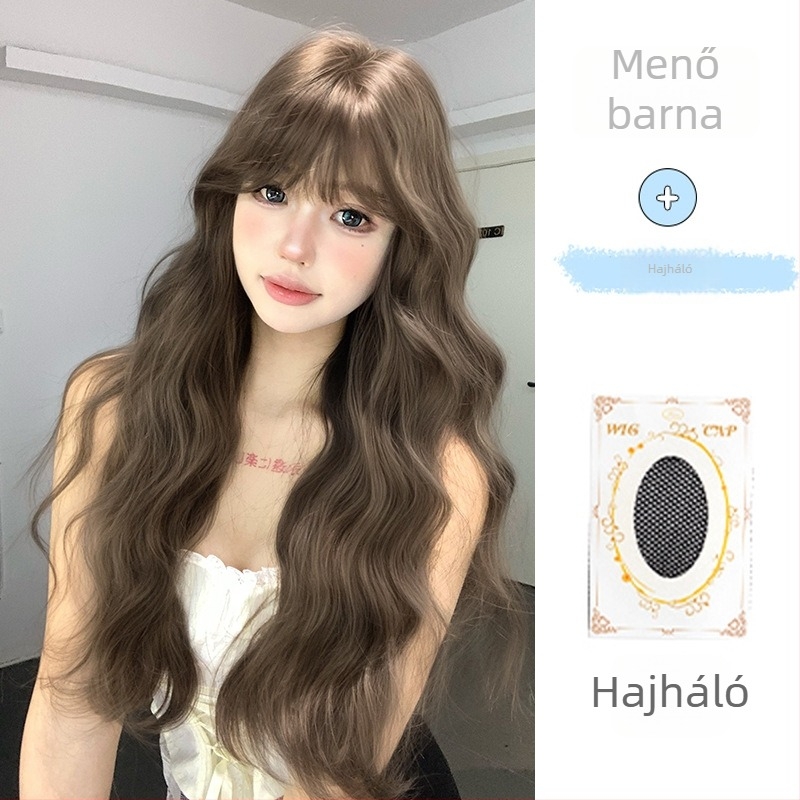 Shu Man Wig – Hosszú göndör paróka egyenes frufival, víz-hullám textúra, tojás alakú göndör, teljes fej készlet, magas hőálló selyem, nem festhető vagy dauerolható, természetes stílus