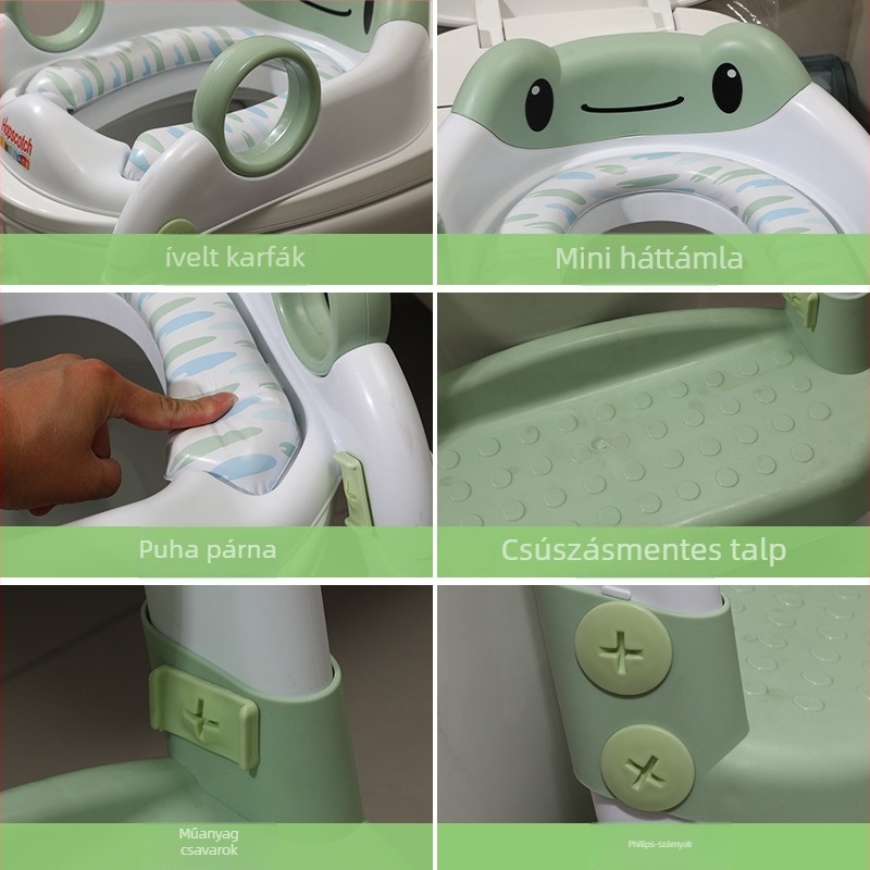 Gyerekeknek szóló vécéülőke lépcsős kialakítású, összecsukható tartóval és párnahuzattal (Anyag: polipropilén)