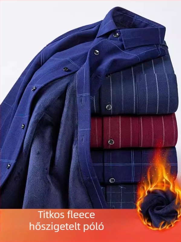 Férfi ing fleece-beléssel, kockás mintázat, négyszögletes gallér, karcsúsított szabás, téli