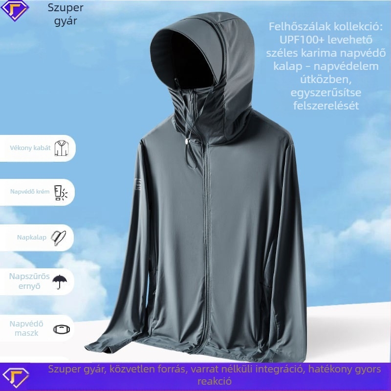 Kültéri szélvédő kabát UPF50+ napvédelmével; anyag: 87% nylon, 13% spandex; gyorsan száradó, légáteresztő, nedvesség-elvezető.