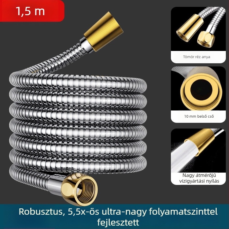 Nagy áramlású zuhanyvezeték rozsdamentes acél és réz anyagból, 5 kg névleges nyomás, 0–40°C működési hőmérséklet, kézi szerelés