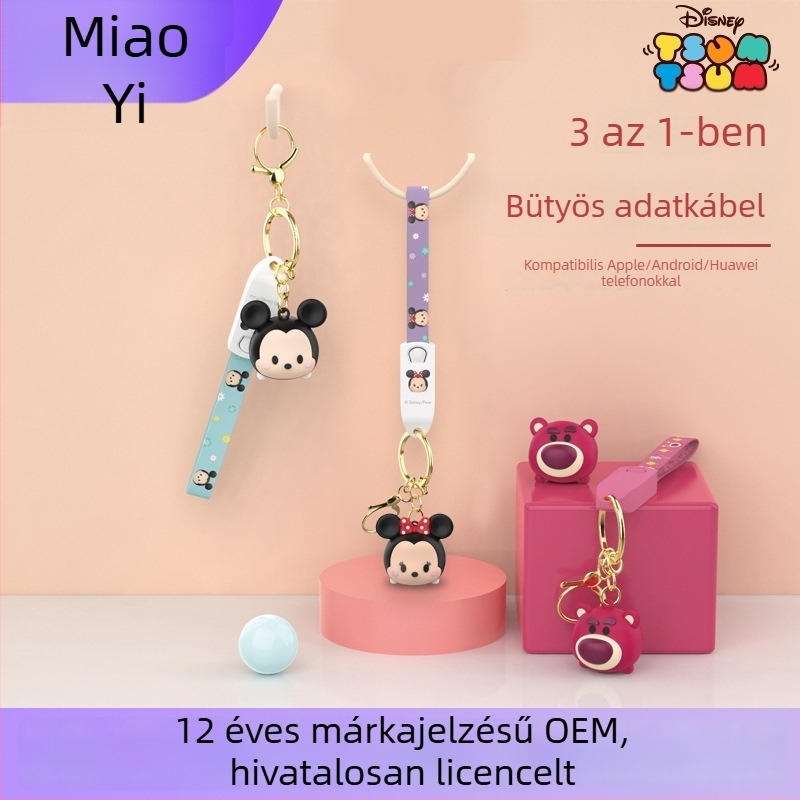 Disney három az egyben karkötő adatkábel: Lightning, Micro USB és Type-C, gyors töltés, TPE anyag, max. 3A, kompatibil Apple és Huawei