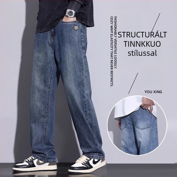 Férfi farmernadrág fleece béléssel, amerikai stílusú széles lábak, egyenes szabás, középmagas derekú, cipzár