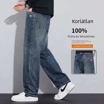 Férfi farmernadrág fleece béléssel, amerikai stílusú széles lábak, egyenes szabás, középmagas derekú, cipzár