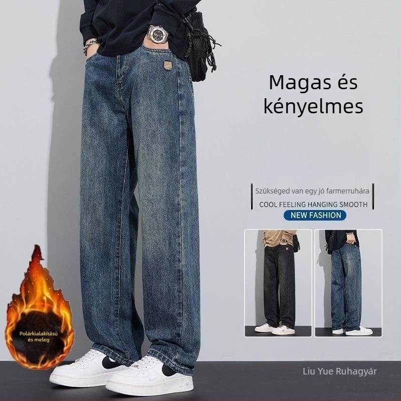 Férfi farmernadrág fleece béléssel, amerikai stílusú széles lábak, egyenes szabás, középmagas derekú, cipzár