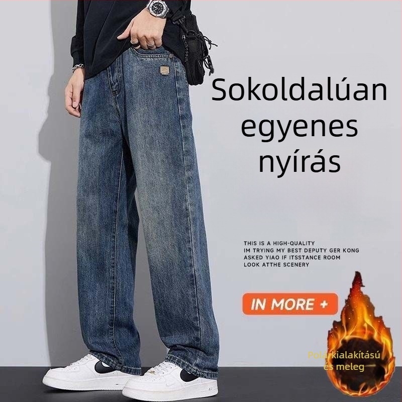 Férfi farmernadrág fleece béléssel, amerikai stílusú széles lábak, egyenes szabás, középmagas derekú, cipzár