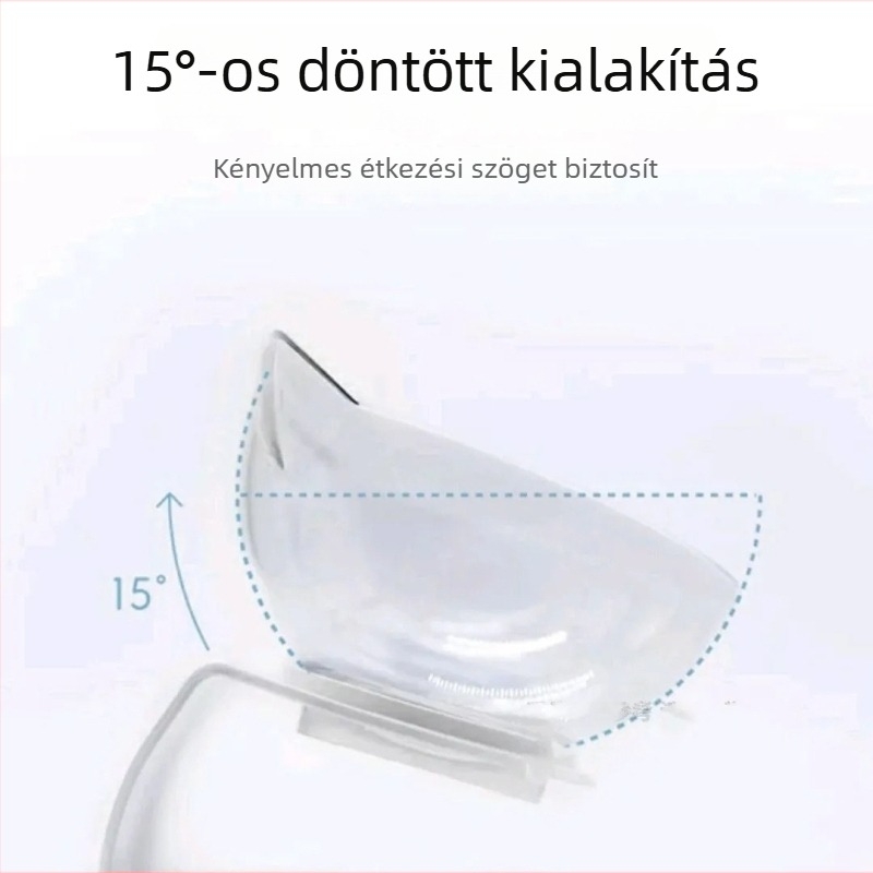 Macska etető tál dőlt szájú kialakítással és nyakvédővel, dupla átlátszó edény, műanyagból