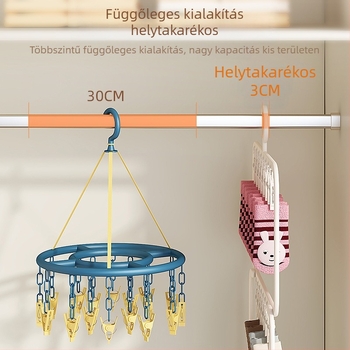 Zokniszárító állvány több csipesszel – műanyag akasztó, szélvédett, háztartási és erkély használatra.