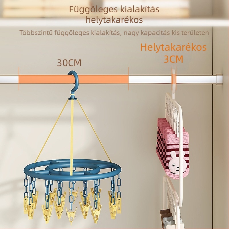 Zokniszárító állvány több csipesszel – műanyag akasztó, szélvédett, háztartási és erkély használatra.