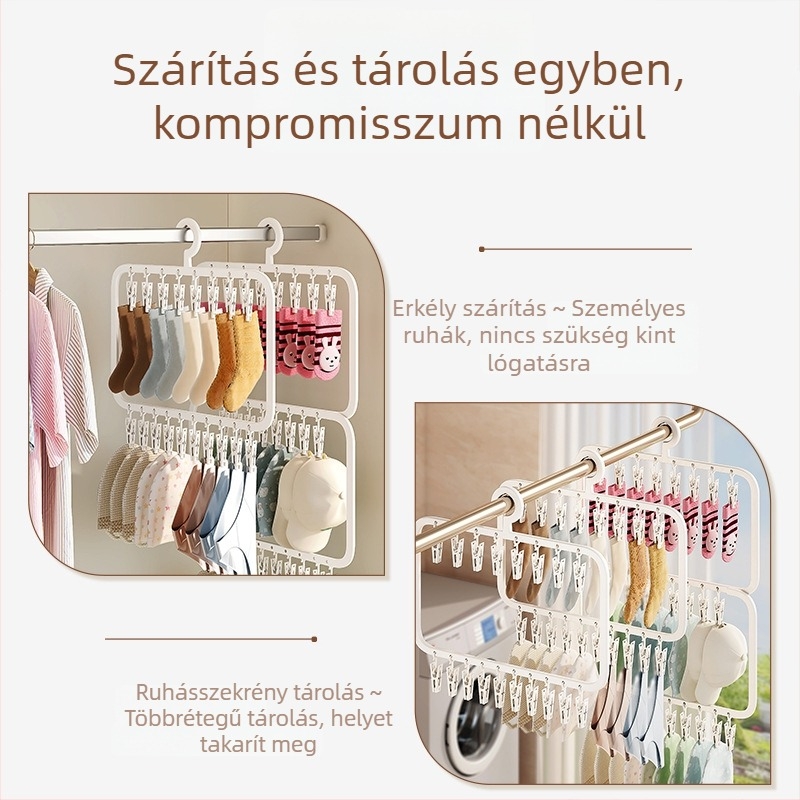 Zokniszárító állvány több csipesszel – műanyag akasztó, szélvédett, háztartási és erkély használatra.