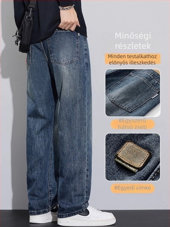 Férfi denim farmernadrág fleece béléssel a téli szezonra – széles szárú, gombos zárás