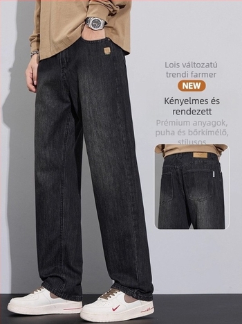 Férfi denim farmernadrág fleece béléssel a téli szezonra – széles szárú, gombos zárás