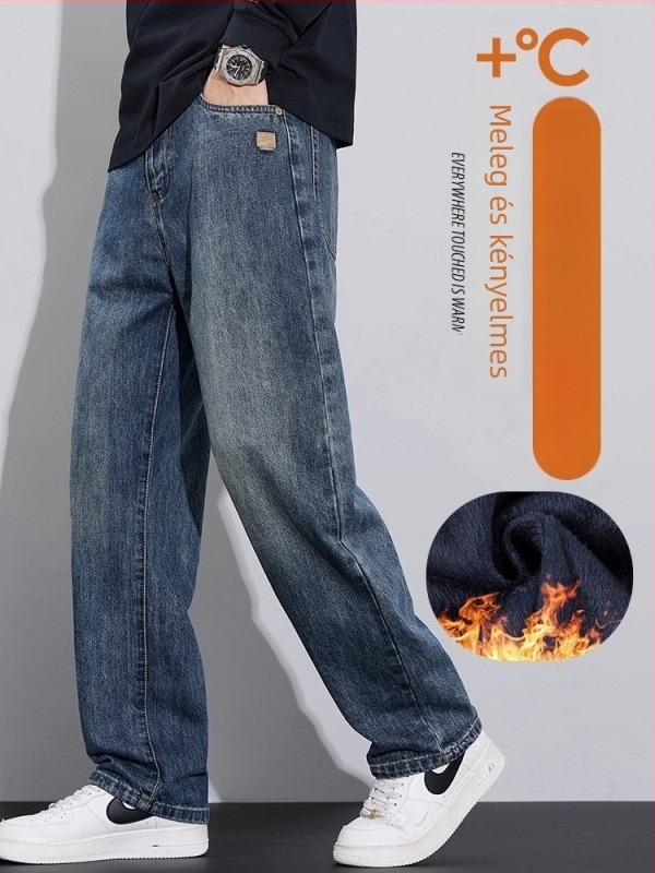 Férfi denim farmernadrág fleece béléssel a téli szezonra – széles szárú, gombos zárás