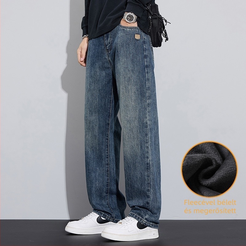 Férfi denim farmernadrág fleece béléssel a téli szezonra – széles szárú, gombos zárás