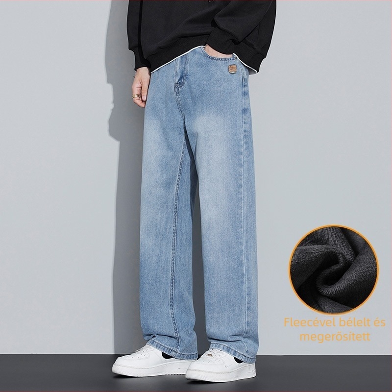 Férfi denim farmernadrág fleece béléssel a téli szezonra – széles szárú, gombos zárás
